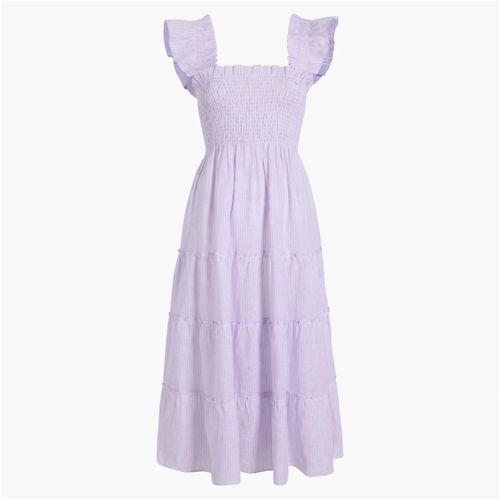 Hill House Ellie nap dress in linen lilac purple white stripe XS